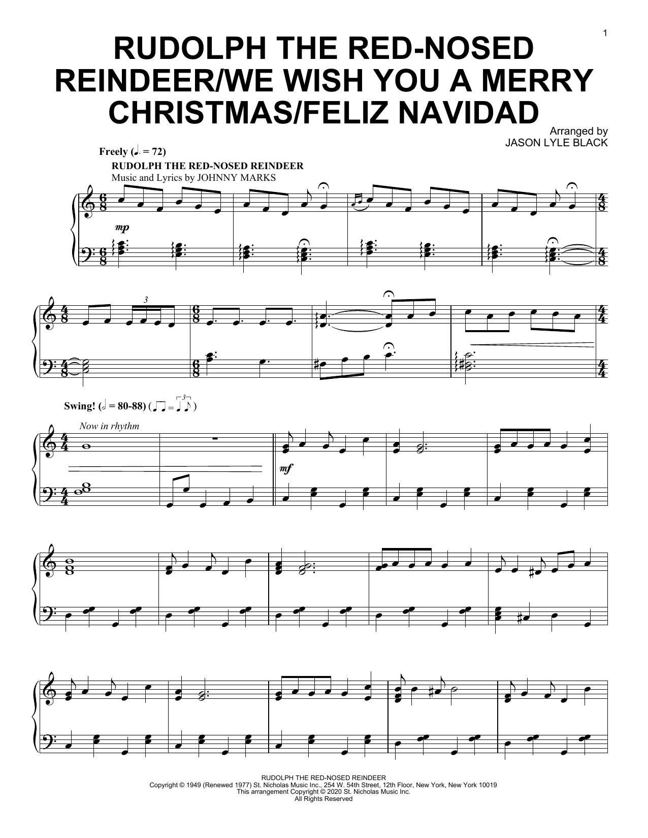 Jason Lyle Black Rudolph The Red-Nosed Reindeer/We Wish You A Merry Christmas/Feliz Navidad sheet music notes and chords arranged for Piano Solo