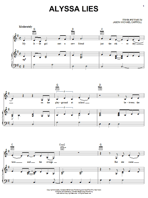 Jason Michael Carroll Alyssa Lies sheet music notes and chords arranged for Piano, Vocal & Guitar Chords (Right-Hand Melody)