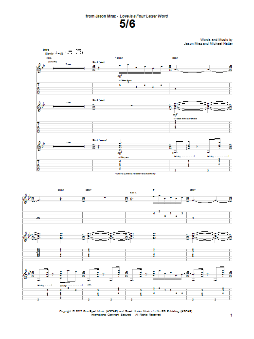 Jason Mraz 5/6 sheet music notes and chords arranged for Piano, Vocal & Guitar Chords (Right-Hand Melody)