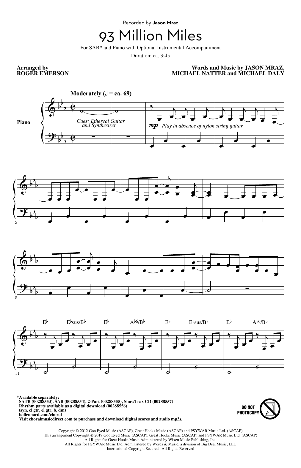 Jason Mraz 93 Million Miles (arr. Roger Emerson) sheet music notes and chords arranged for SAB Choir