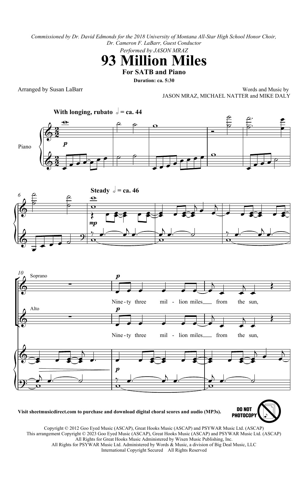 Jason Mraz 93 Million Miles (arr. Susan LaBarr) sheet music notes and chords arranged for SATB Choir