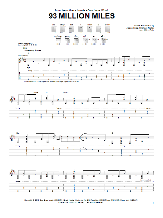 Jason Mraz 93 Million Miles sheet music notes and chords arranged for Guitar Tab (Single Guitar)