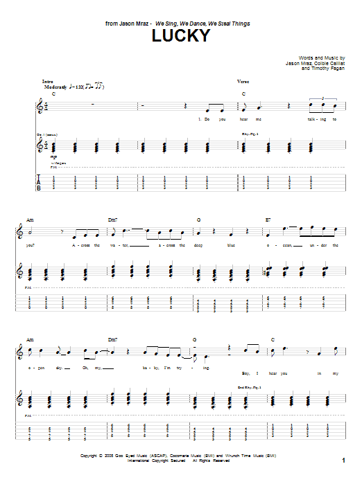 Jason Mraz & Colbie Caillat Lucky sheet music notes and chords arranged for Guitar Tab (Single Guitar)
