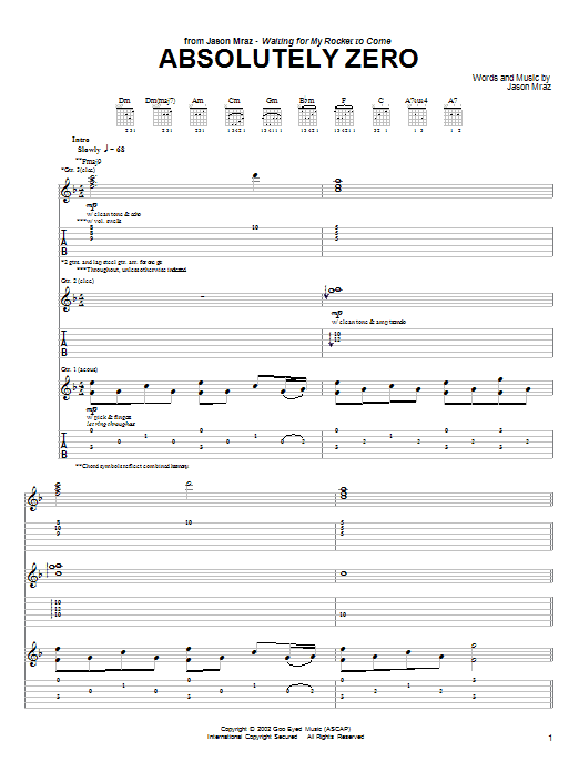 Jason Mraz Absolutely Zero sheet music notes and chords arranged for Guitar Chords/Lyrics