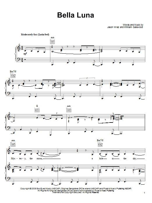 Jason Mraz Bella Luna sheet music notes and chords arranged for Piano, Vocal & Guitar Chords (Right-Hand Melody)