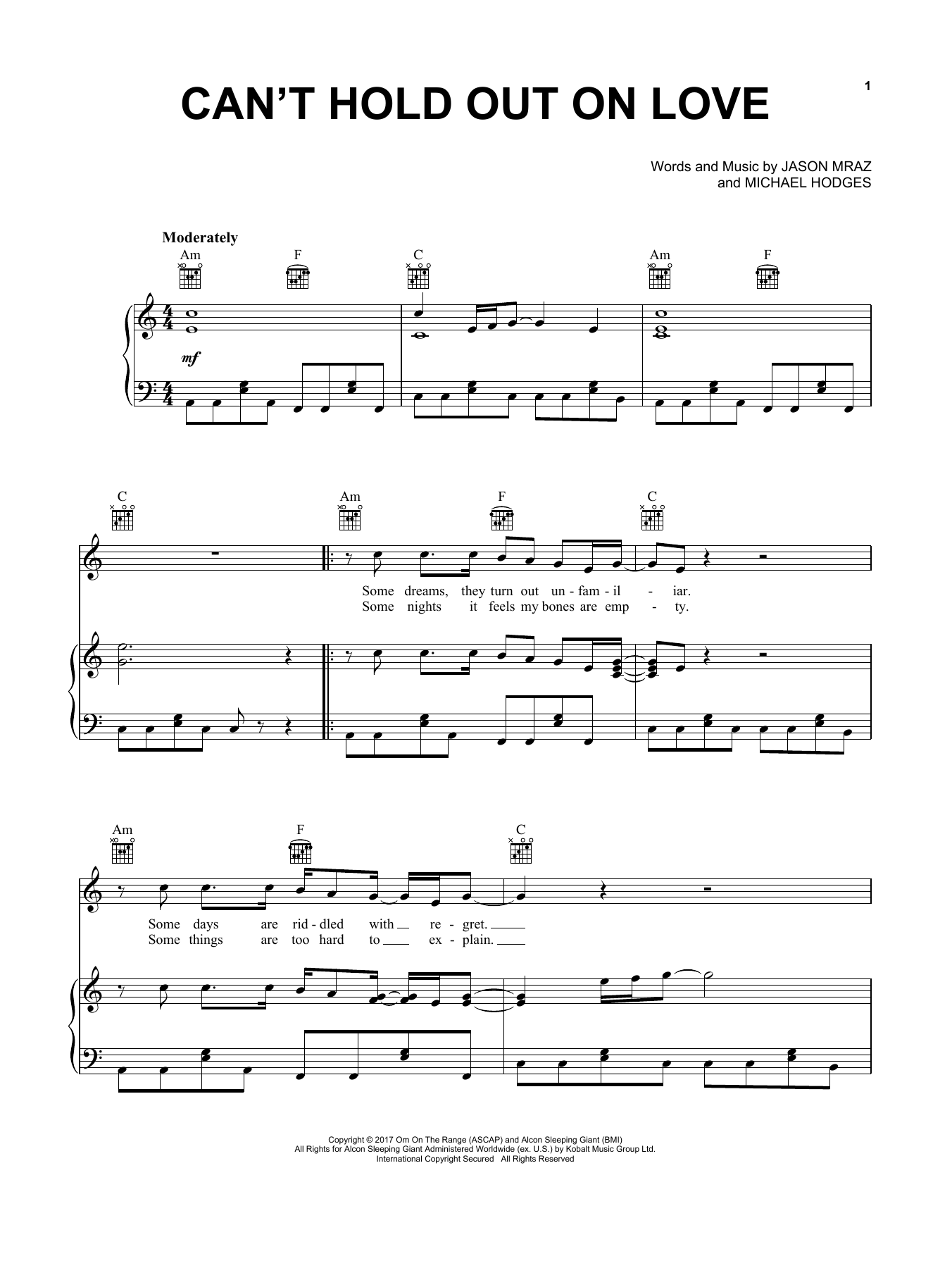 Jason Mraz Can't Hold Out On Love sheet music notes and chords arranged for Piano, Vocal & Guitar Chords (Right-Hand Melody)