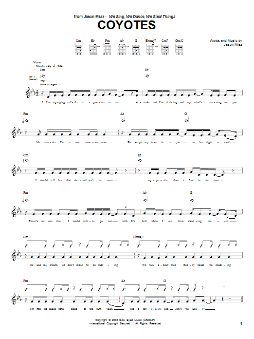 Jason Mraz Coyotes sheet music notes and chords arranged for Guitar Chords/Lyrics