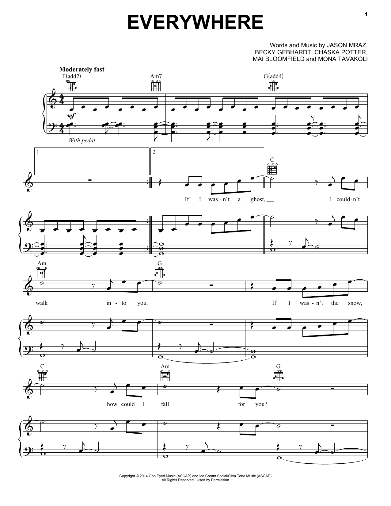 Jason Mraz Everywhere sheet music notes and chords arranged for Piano, Vocal & Guitar Chords (Right-Hand Melody)