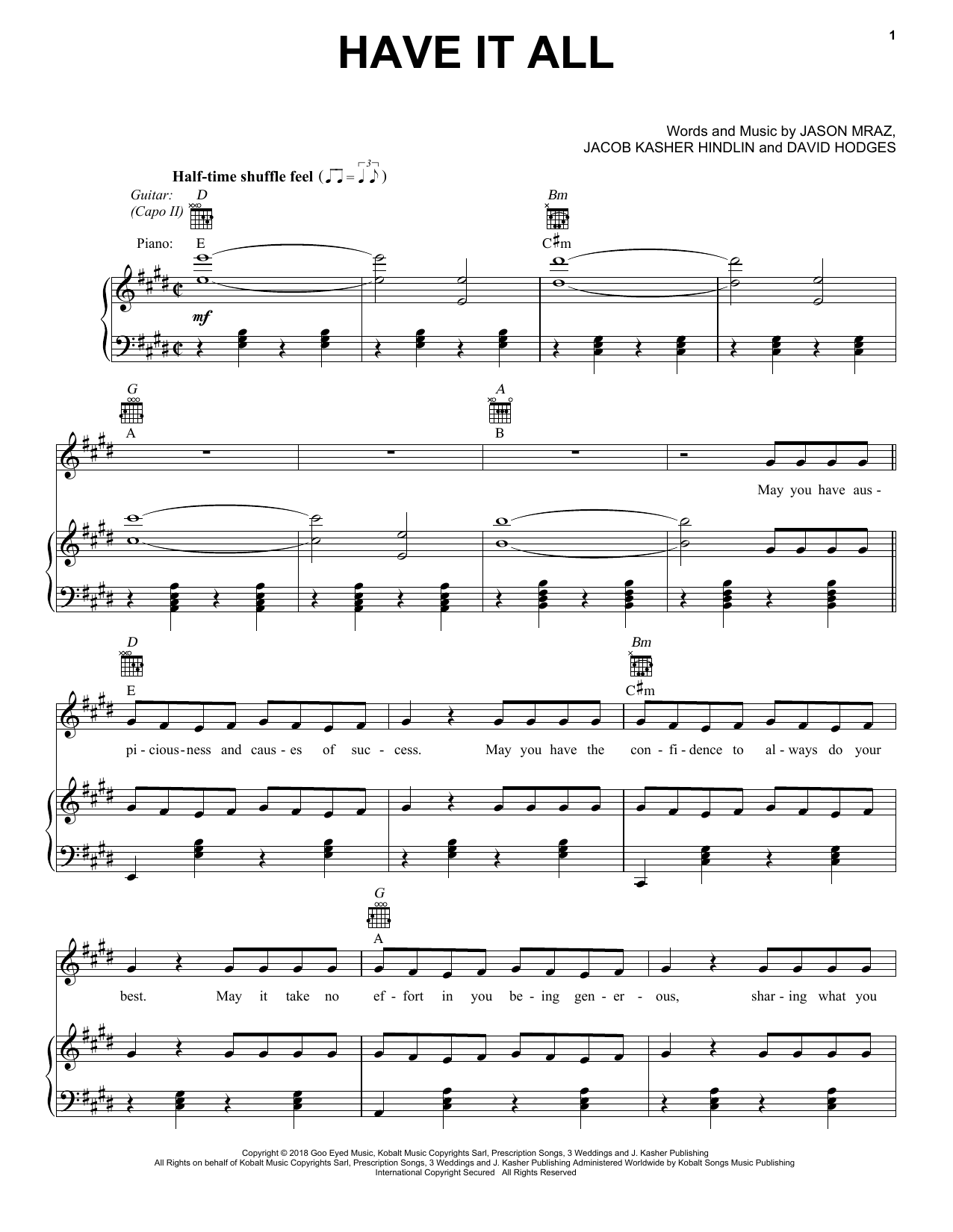 Jason Mraz Have It All sheet music notes and chords arranged for Piano, Vocal & Guitar Chords (Right-Hand Melody)