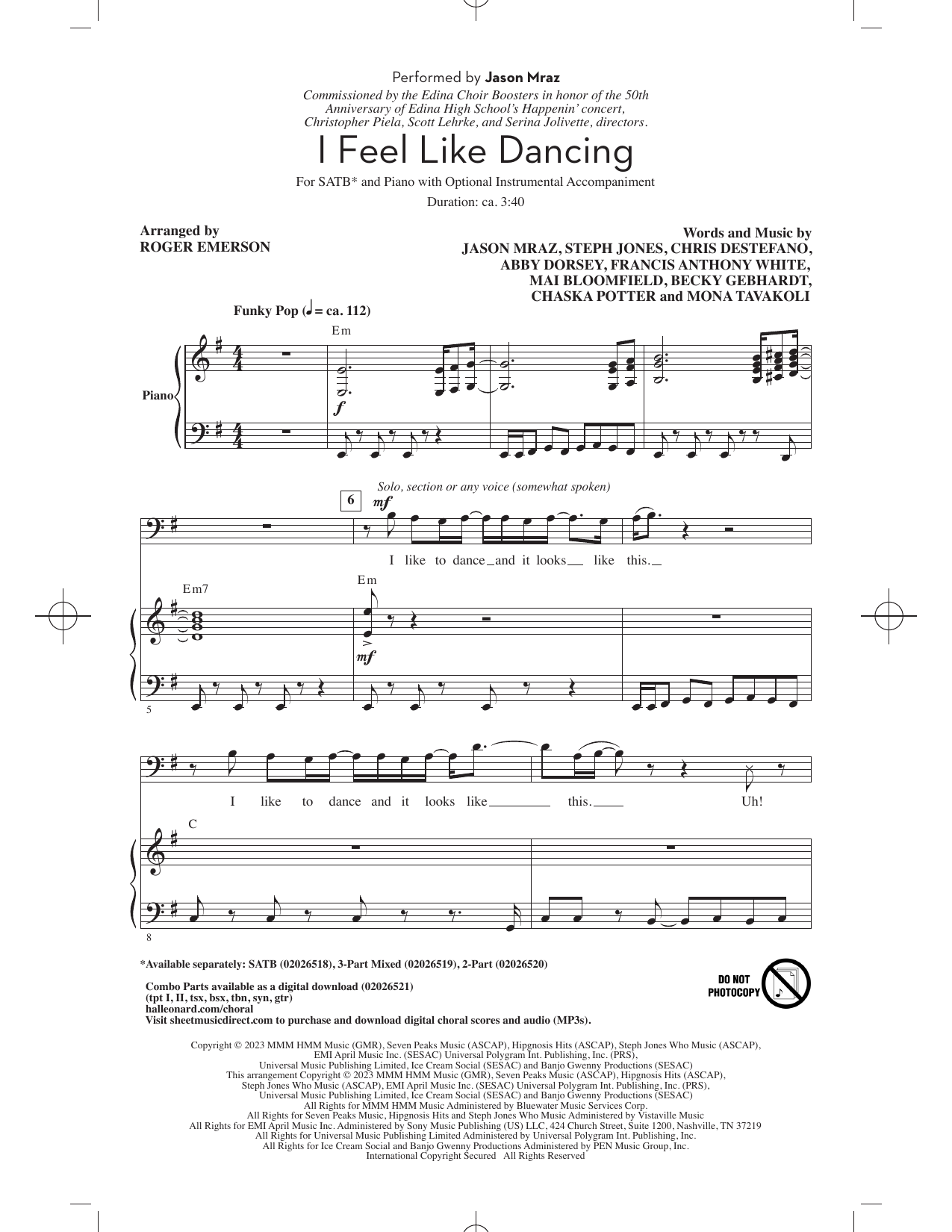 Jason Mraz I Feel Like Dancing (arr. Roger Emerson) sheet music notes and chords arranged for SATB Choir