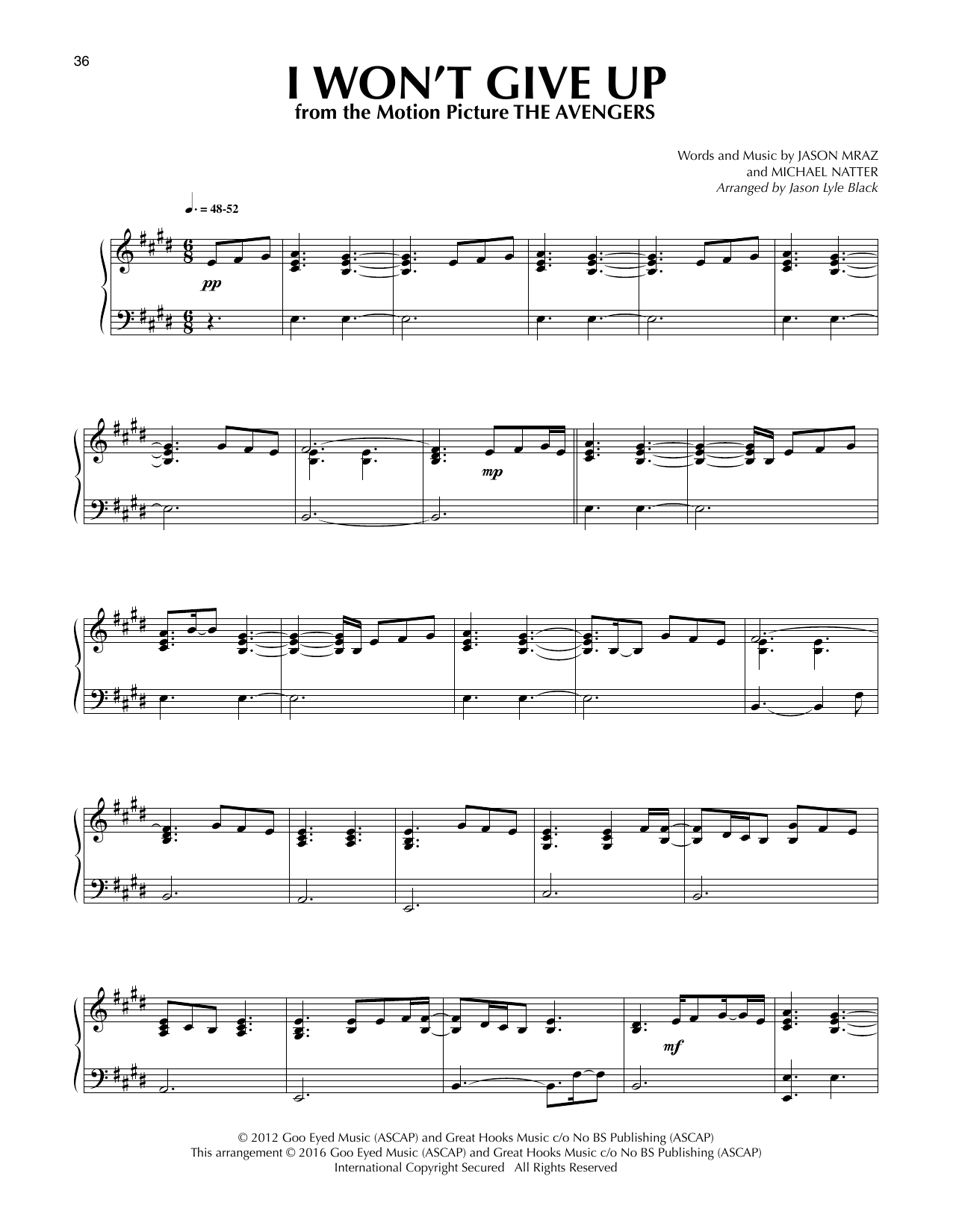 Jason Mraz I Won't Give Up (arr. Jason Lyle Black) sheet music notes and chords arranged for Piano Solo