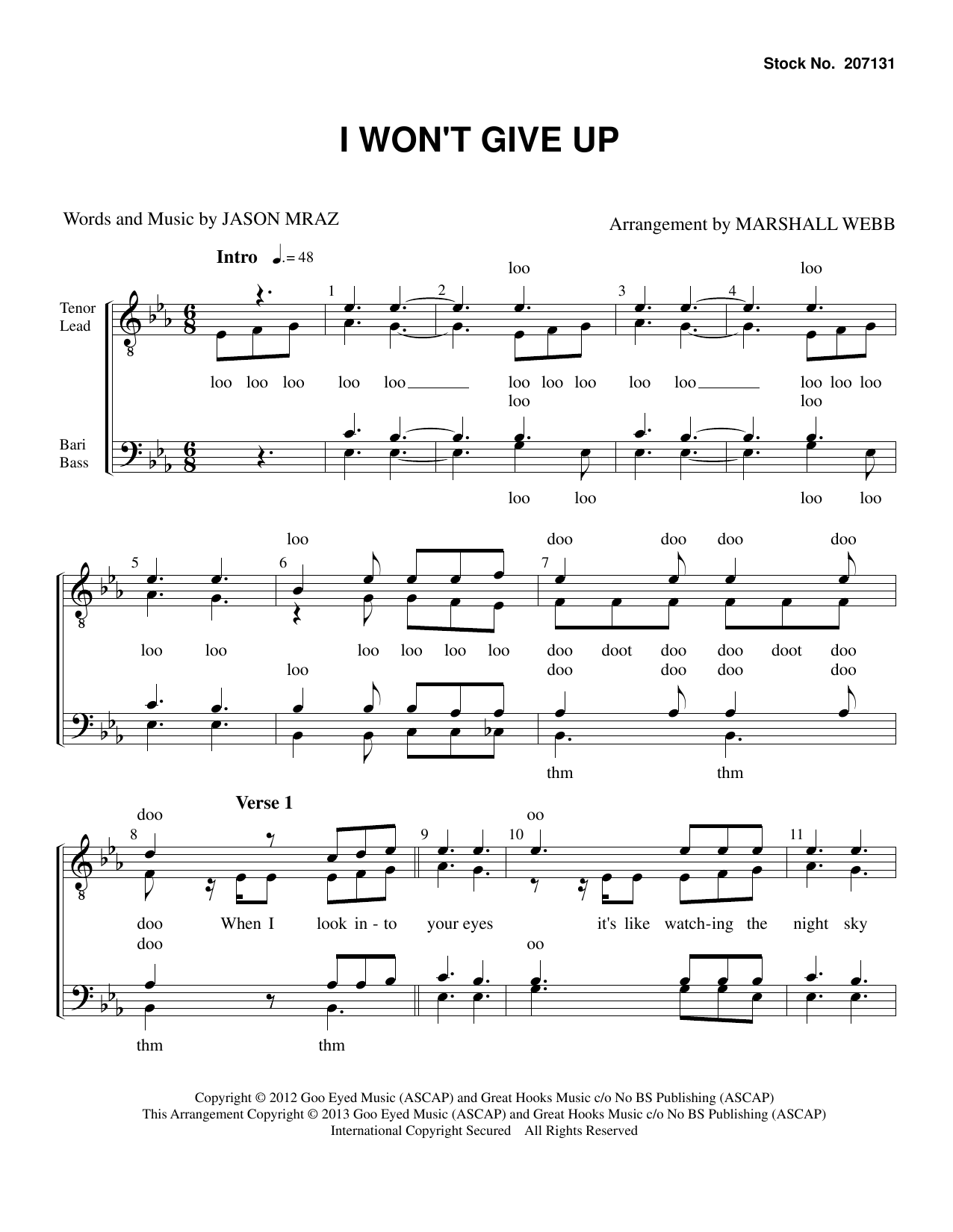 Jason Mraz I Won't Give Up (arr. Marshall Webb) sheet music notes and chords arranged for TTBB Choir