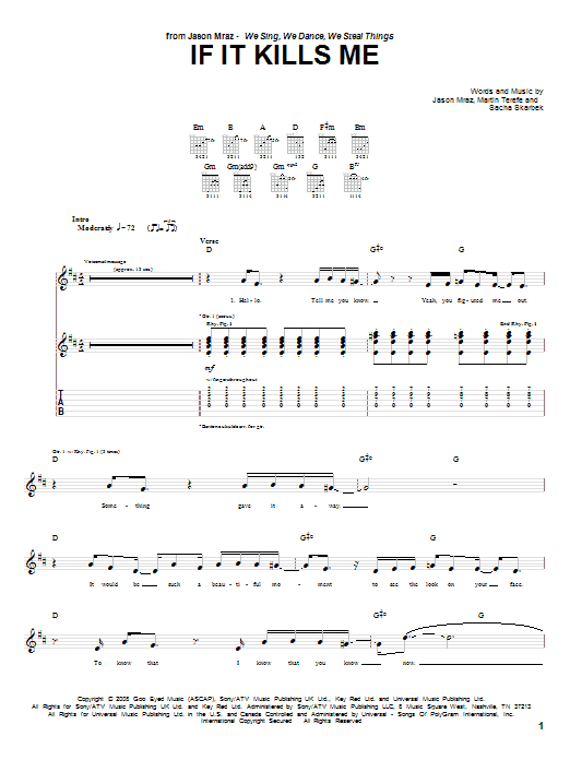 Jason Mraz If It Kills Me sheet music notes and chords arranged for Guitar Tab