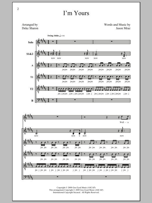 Jason Mraz I'm Yours (arr. Deke Sharon) sheet music notes and chords arranged for SATB Choir