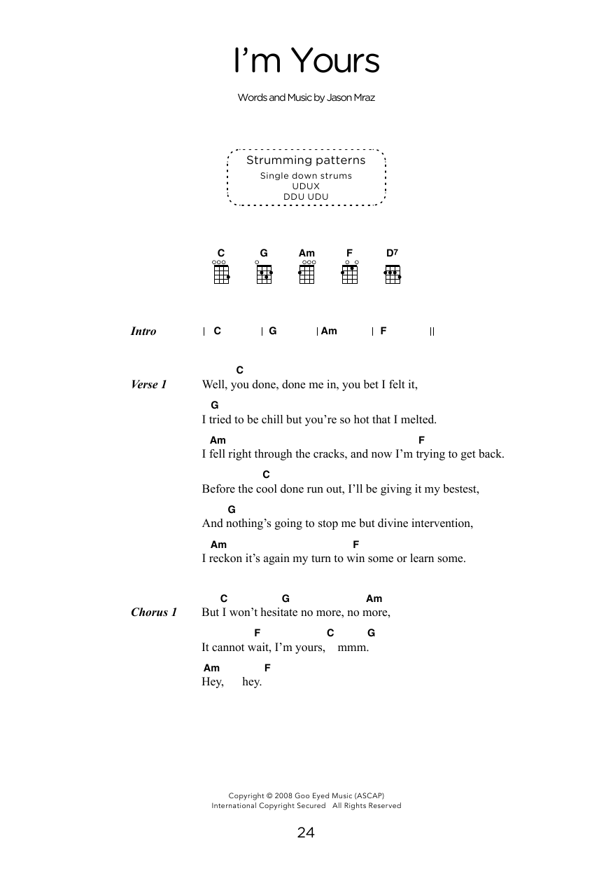 Jason Mraz I'm Yours (arr. Elise Ecklund) sheet music notes and chords arranged for Ukulele Chords/Lyrics