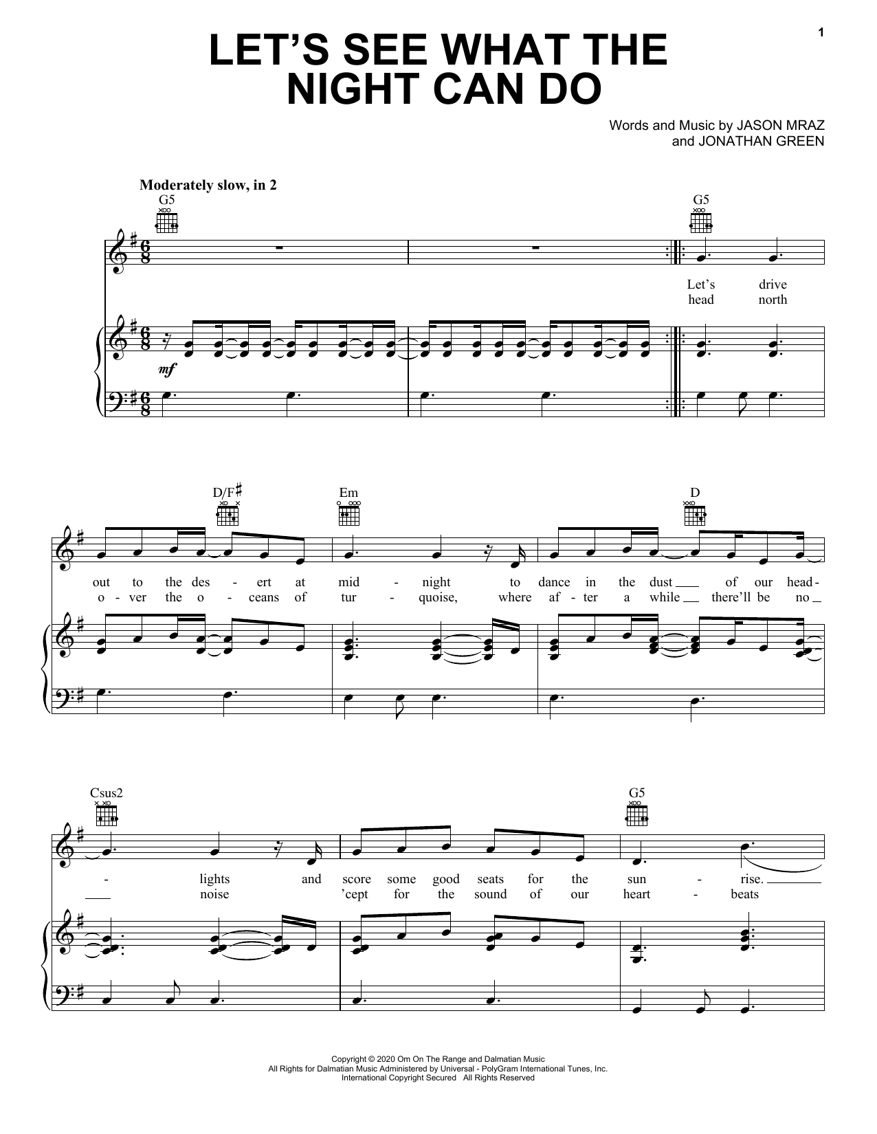 Jason Mraz Let's See What The Night Can Do sheet music notes and chords arranged for Piano, Vocal & Guitar Chords (Right-Hand Melody)