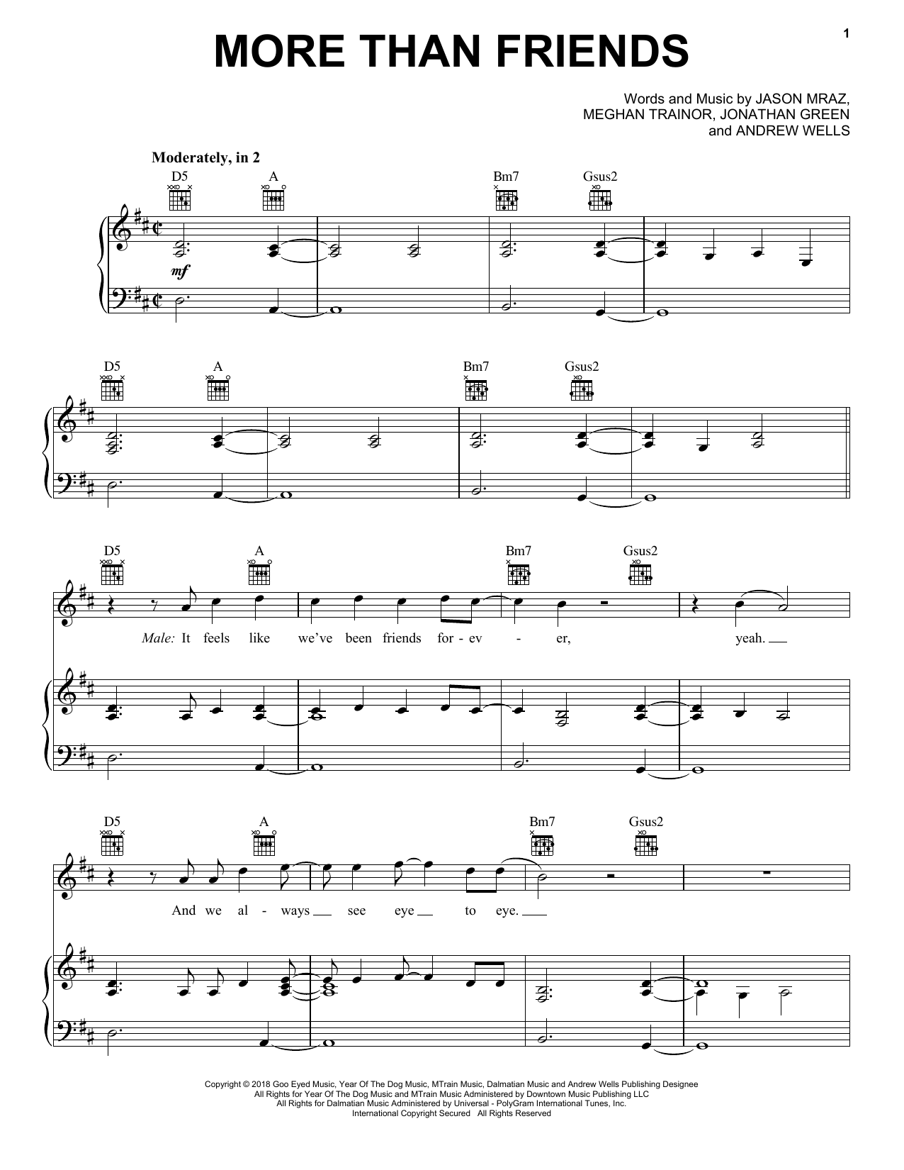 Jason Mraz More Than Friends (feat. Meghan Trainor) sheet music notes and chords arranged for Piano, Vocal & Guitar Chords (Right-Hand Melody)