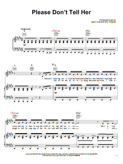 Jason Mraz Please Don't Tell Her sheet music notes and chords arranged for Piano, Vocal & Guitar Chords (Right-Hand Melody)