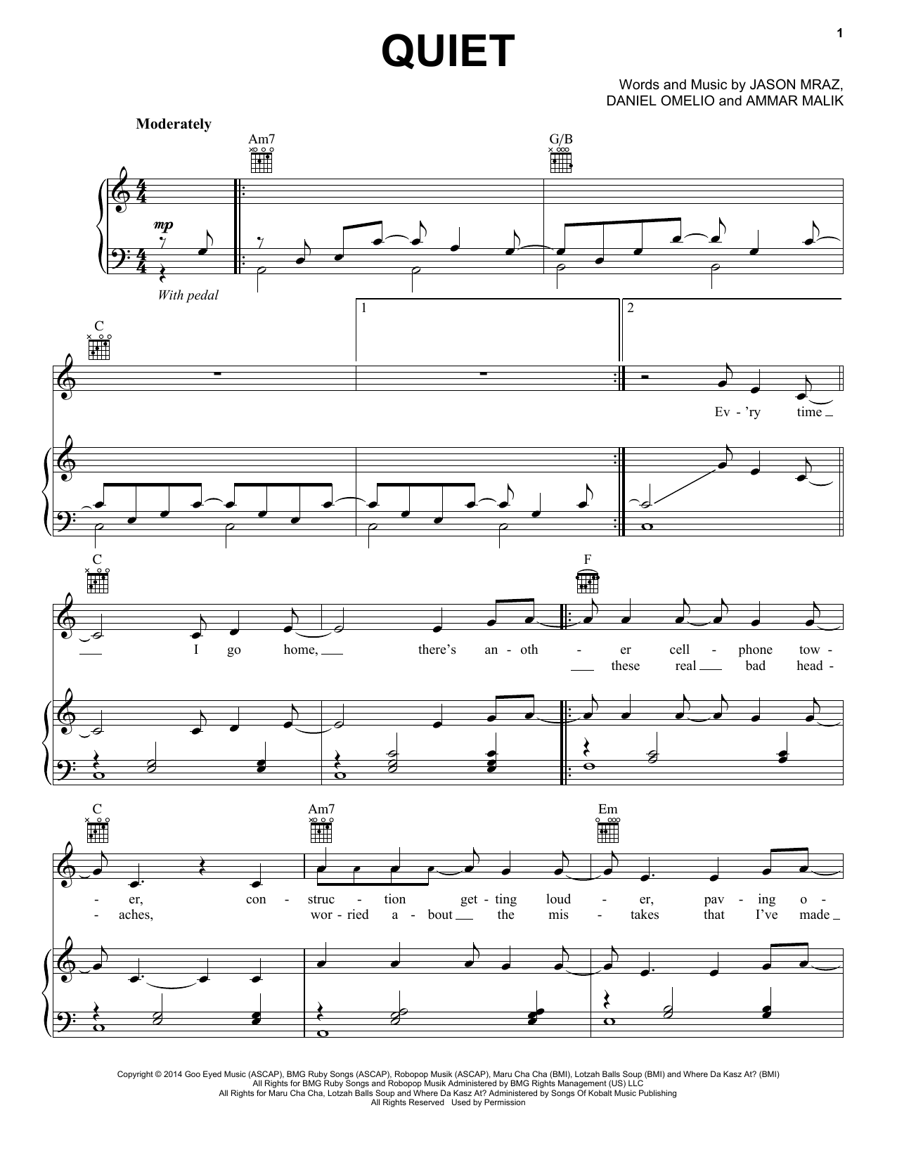 Jason Mraz Quiet sheet music notes and chords arranged for Piano, Vocal & Guitar Chords (Right-Hand Melody)