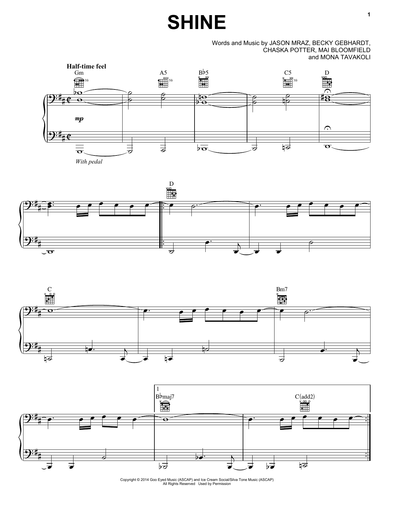 Jason Mraz Shine sheet music notes and chords arranged for Piano, Vocal & Guitar Chords (Right-Hand Melody)