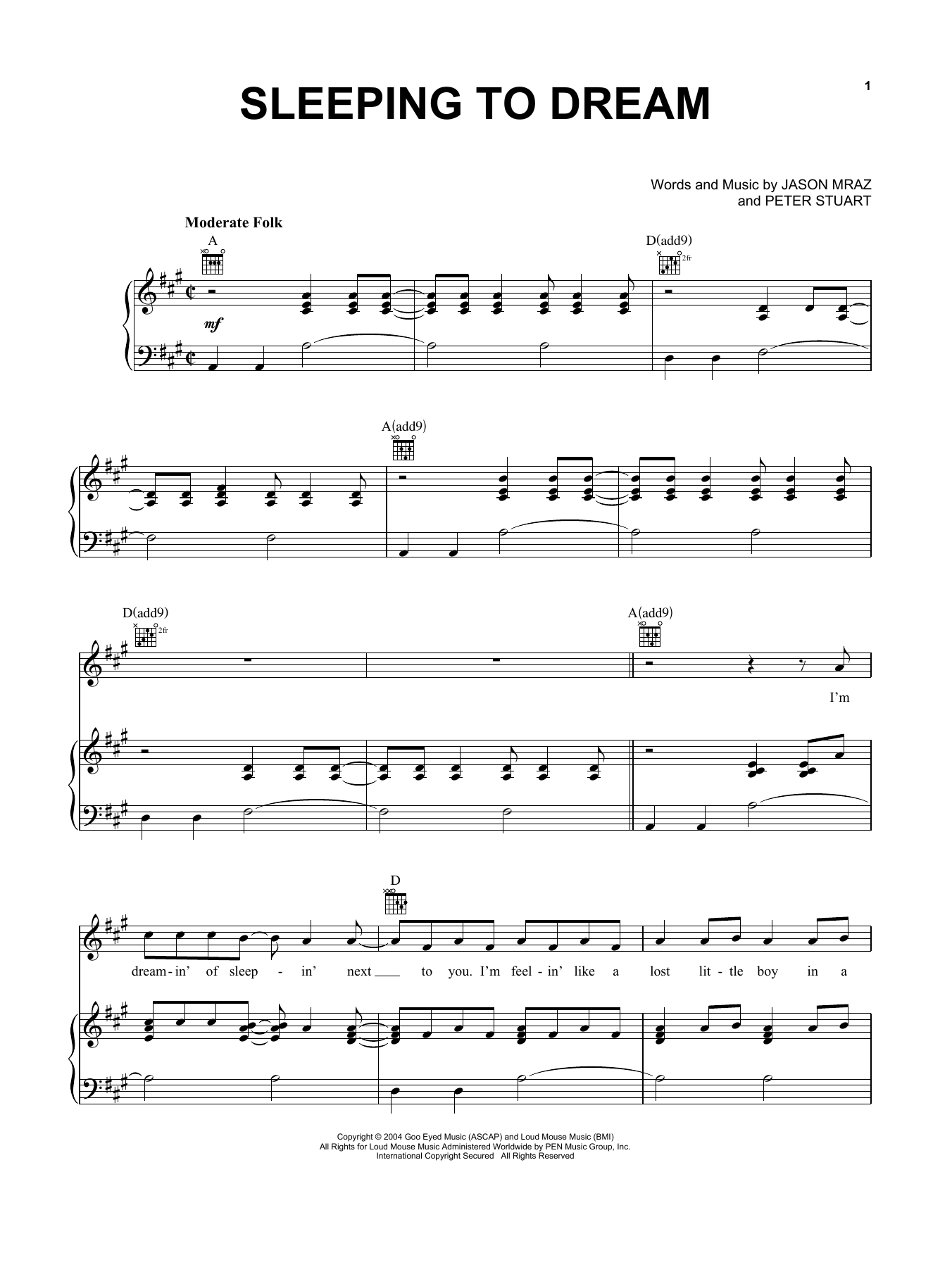 Jason Mraz Sleeping To Dream sheet music notes and chords arranged for Piano, Vocal & Guitar Chords (Right-Hand Melody)