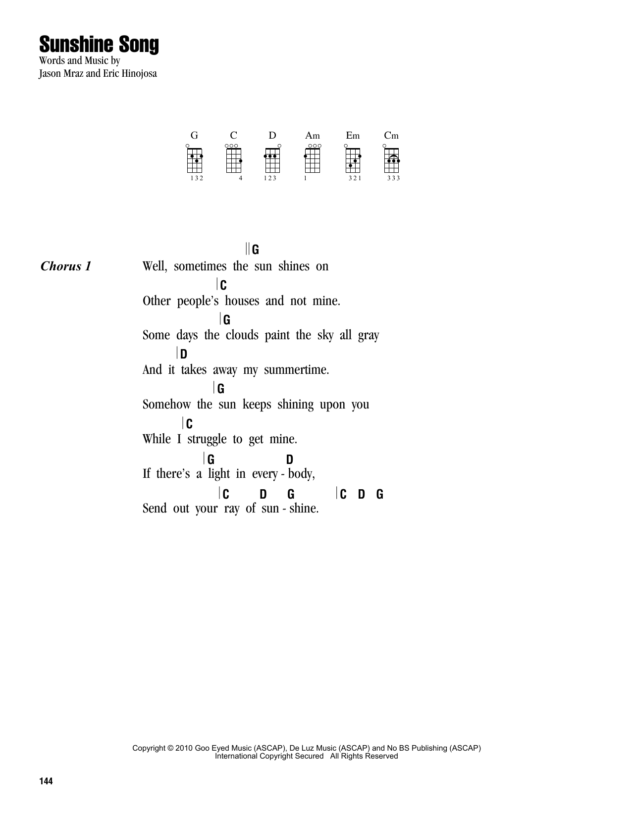 Jason Mraz Sunshine Song sheet music notes and chords arranged for Ukulele Chords/Lyrics