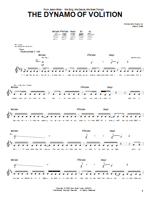 Jason Mraz The Dynamo Of Volition sheet music notes and chords arranged for Guitar Chords/Lyrics