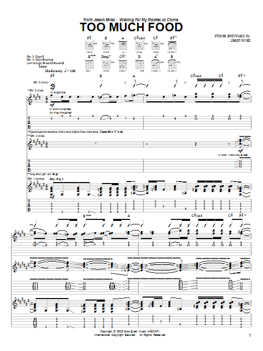 Jason Mraz Too Much Food sheet music notes and chords arranged for Guitar Chords/Lyrics