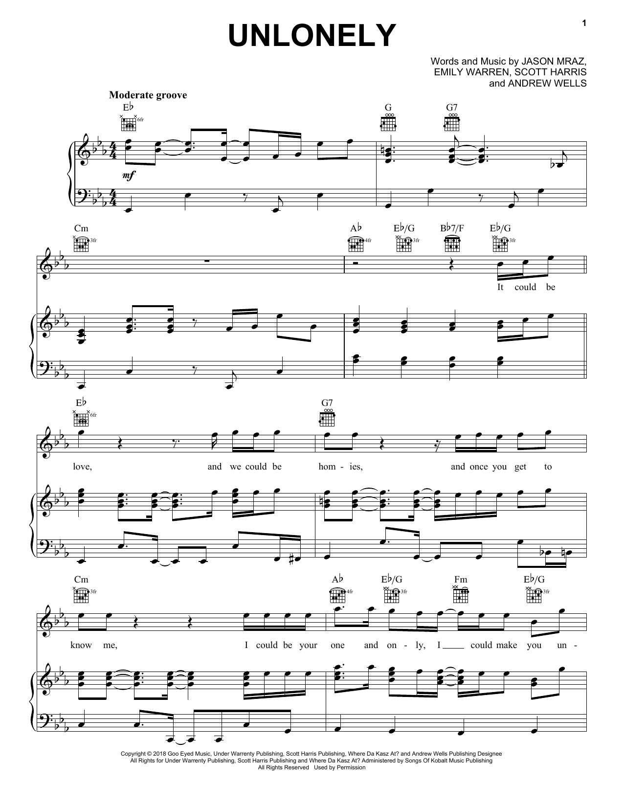 Jason Mraz Unlonely sheet music notes and chords arranged for Piano, Vocal & Guitar Chords (Right-Hand Melody)