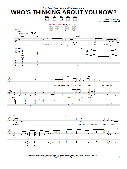 Jason Mraz Who's Thinking About You Now? sheet music notes and chords arranged for Piano, Vocal & Guitar Chords (Right-Hand Melody)