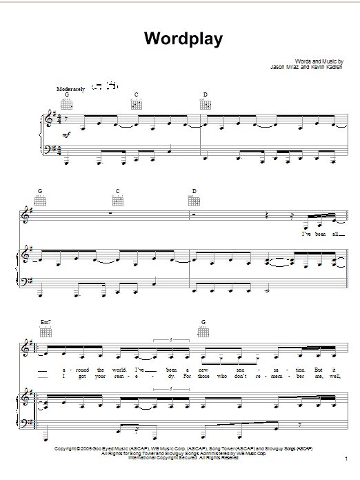 Jason Mraz Wordplay sheet music notes and chords arranged for Piano, Vocal & Guitar Chords (Right-Hand Melody)