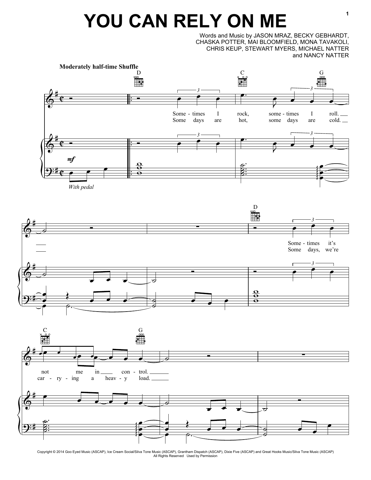 Jason Mraz You Can Rely On Me sheet music notes and chords arranged for Piano, Vocal & Guitar Chords (Right-Hand Melody)