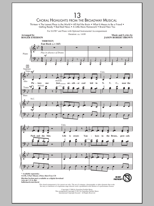 Jason Robert Brown 13 (Choral Highlights From The Broadway Musical) (arr. Roger Emerson) - Drums sheet music notes and chords arranged for SATB Choir