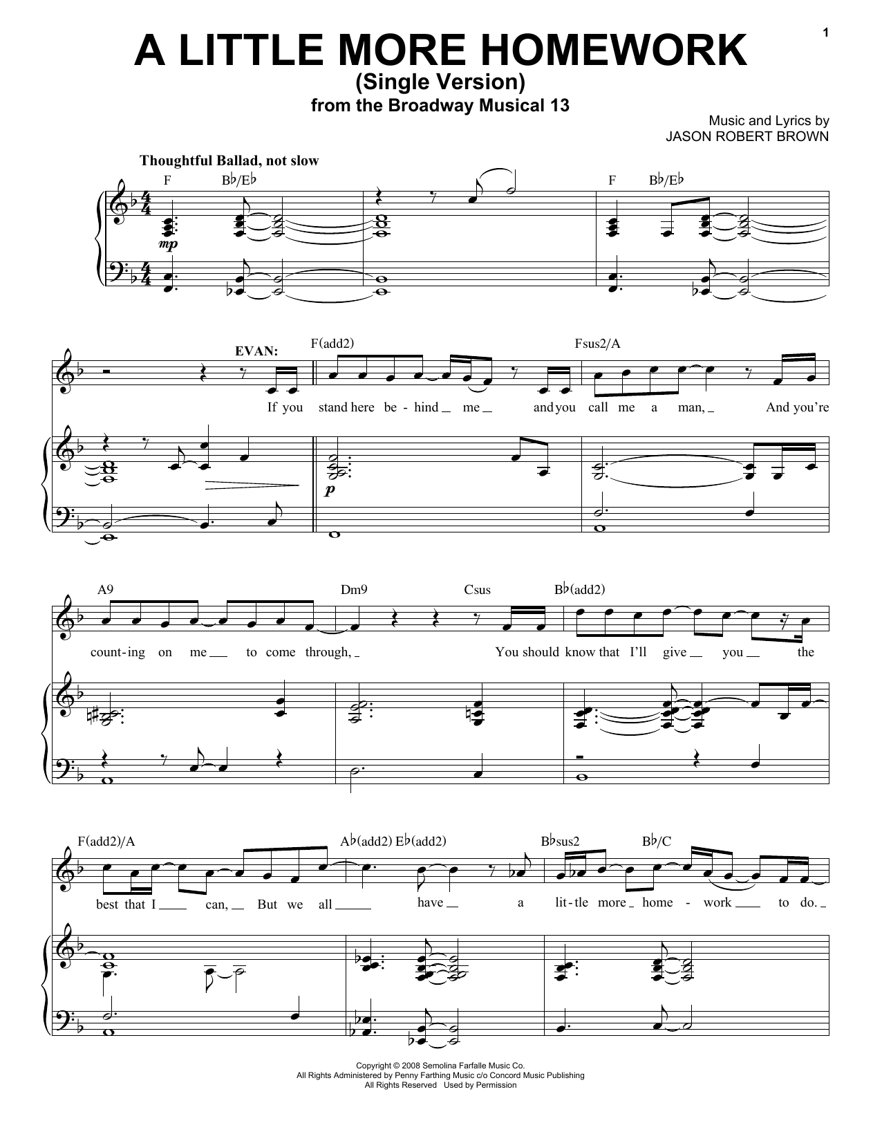 Jason Robert Brown A Little More Homework (from 13: The Musical) sheet music notes and chords arranged for Piano & Vocal