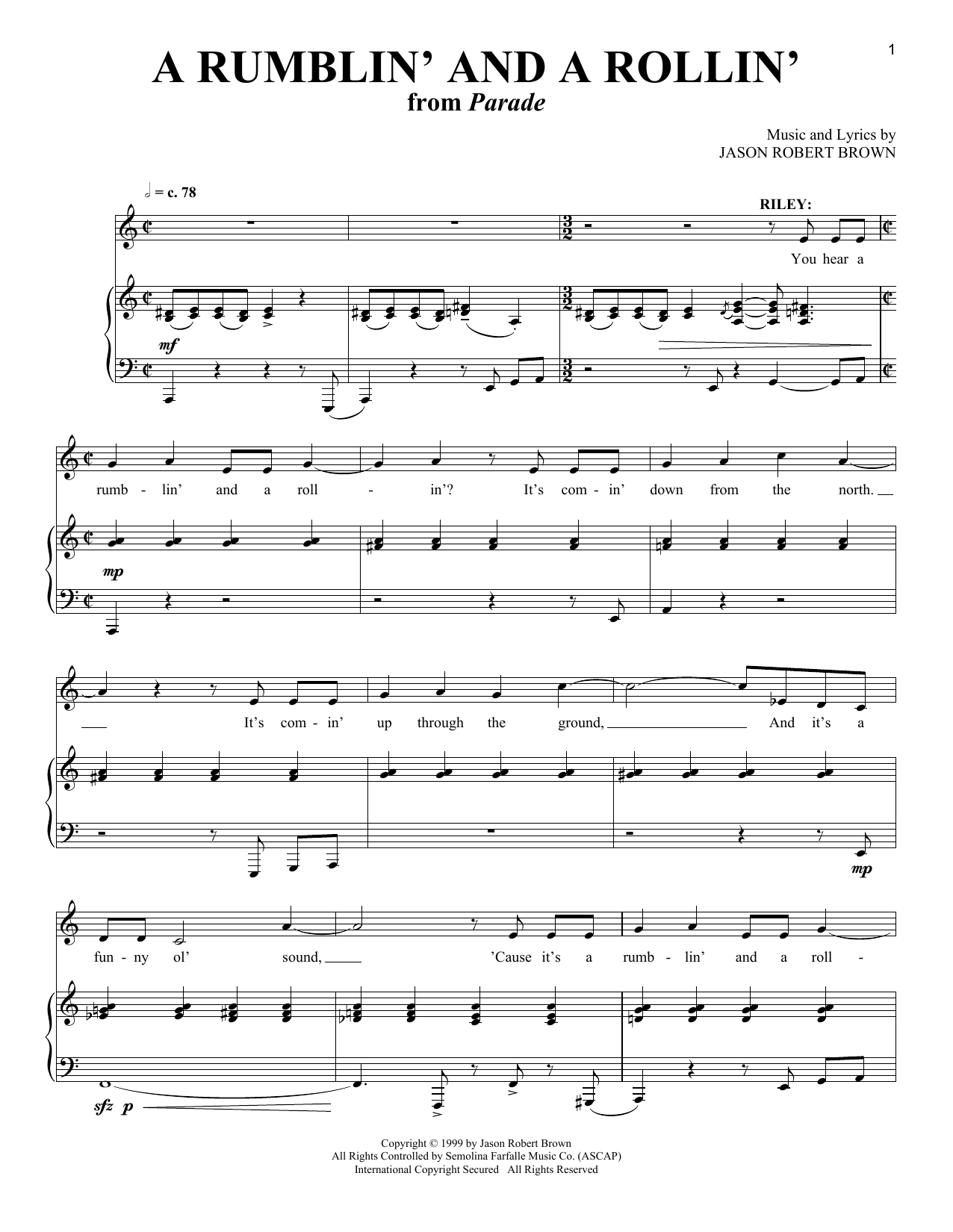 Jason Robert Brown A Rumblin' And A Rollin' (from Parade) sheet music notes and chords arranged for Piano & Vocal