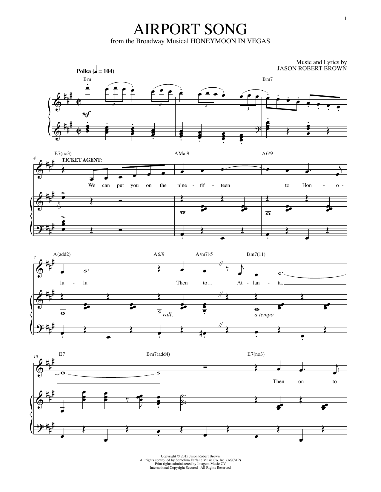 Jason Robert Brown Airport Song (from Honeymoon in Vegas) sheet music notes and chords arranged for Piano & Vocal
