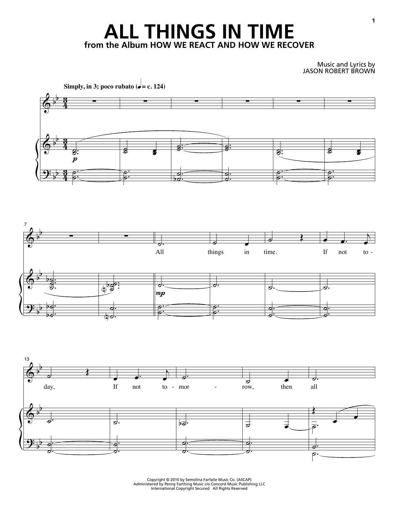 Jason Robert Brown All Things In Time (from How We React And How We Recover) sheet music notes and chords arranged for Piano & Vocal