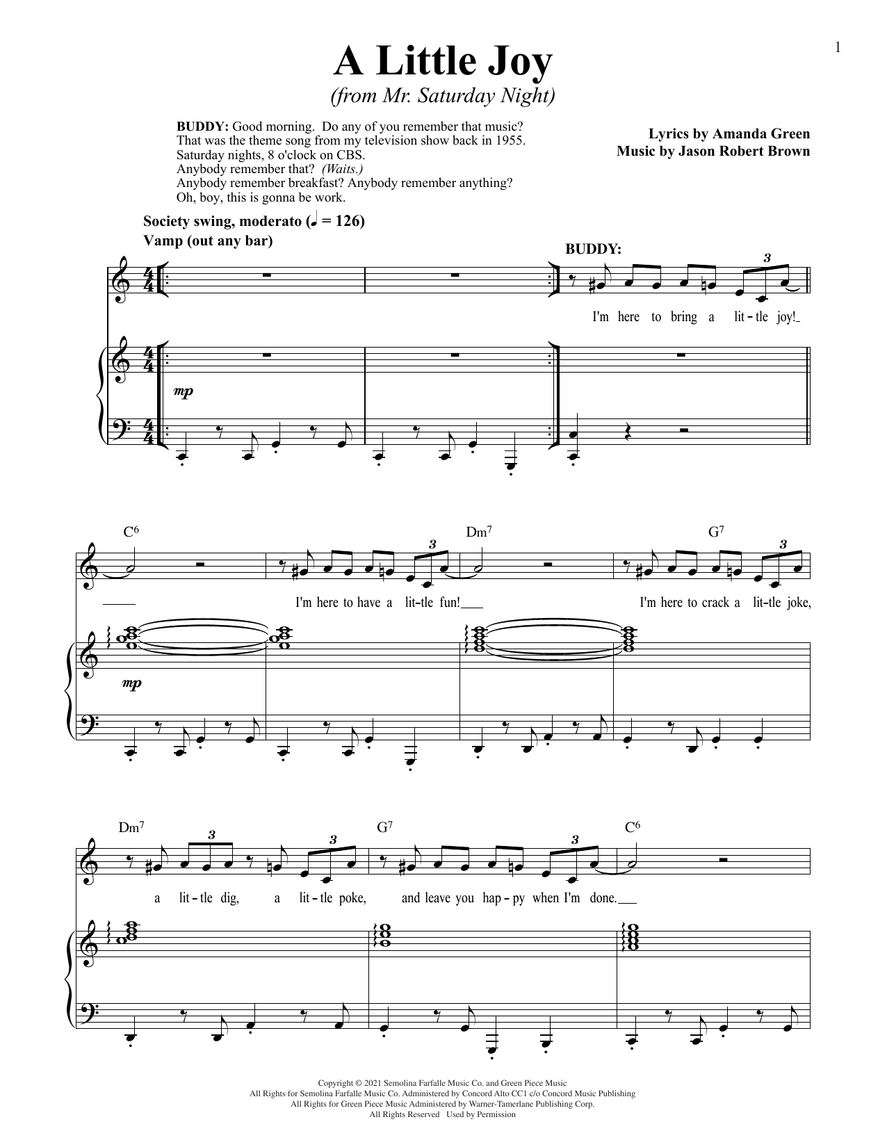 Jason Robert Brown and Amanda Green A Little Joy (from Mr. Saturday Night) sheet music notes and chords arranged for Piano & Vocal