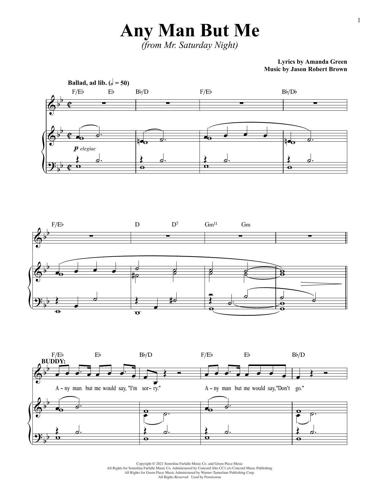 Jason Robert Brown and Amanda Green Any Man But Me (from Mr. Saturday Night) sheet music notes and chords arranged for Piano & Vocal