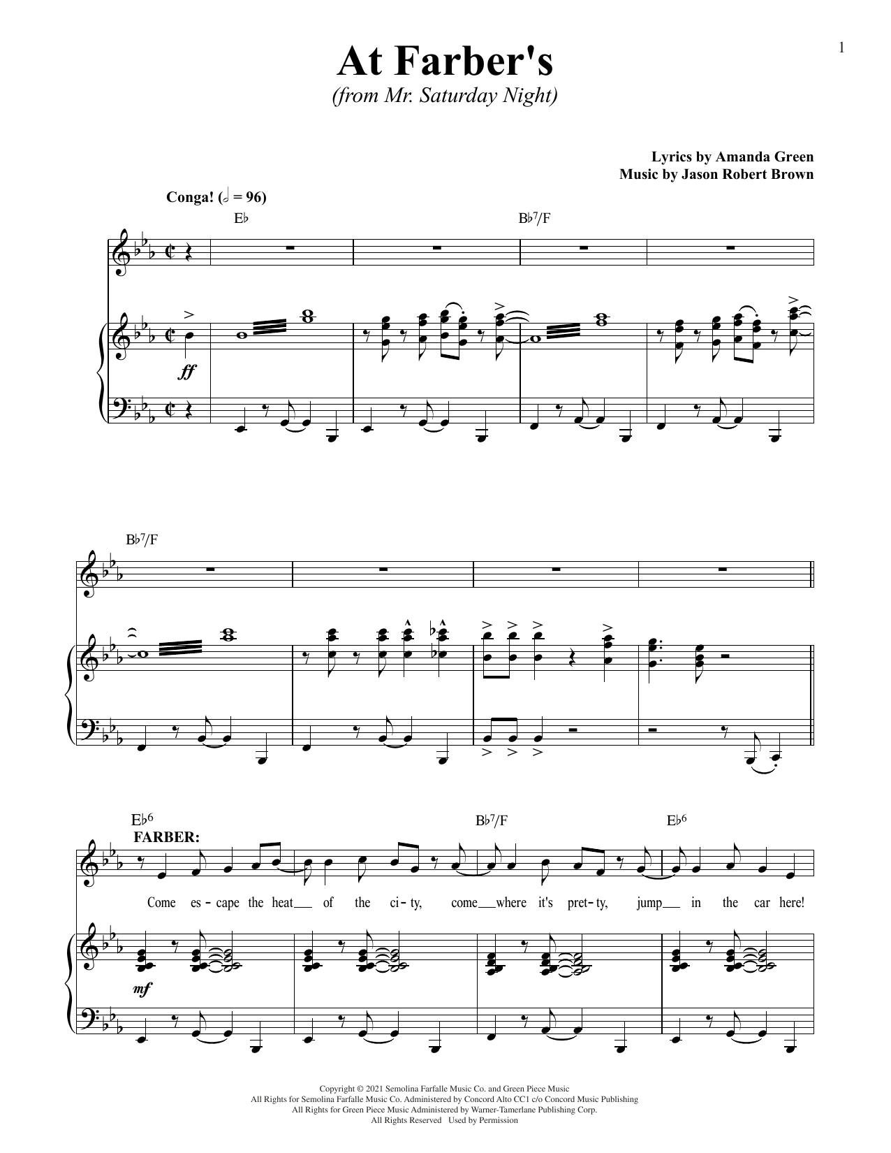 Jason Robert Brown and Amanda Green At Farber's (from Mr. Saturday Night) sheet music notes and chords arranged for Piano & Vocal