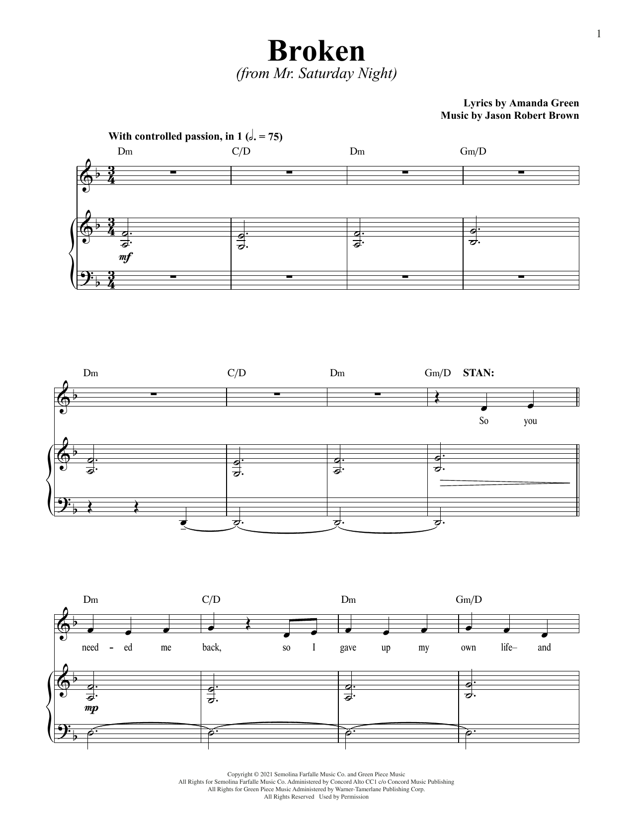Jason Robert Brown and Amanda Green Broken (from Mr. Saturday Night) sheet music notes and chords arranged for Piano & Vocal