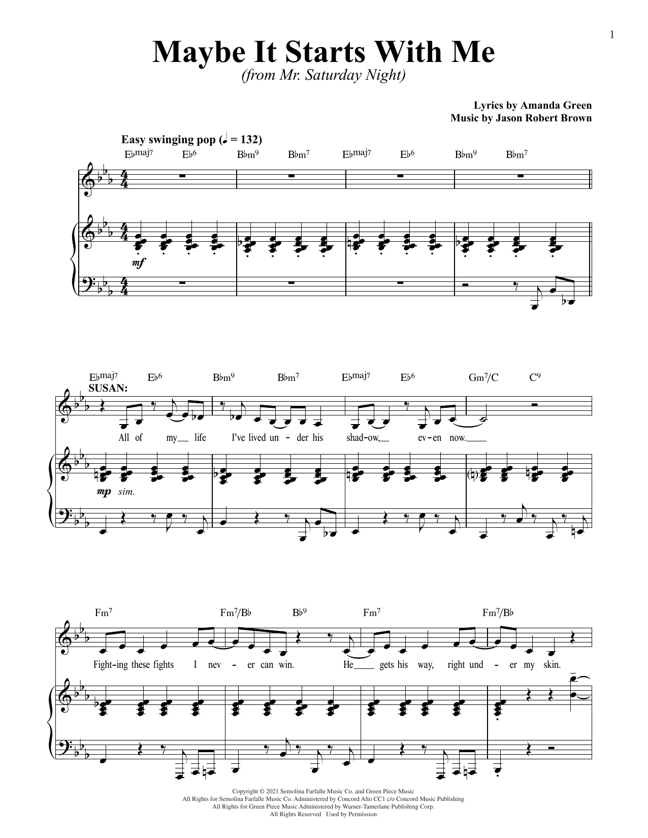 Jason Robert Brown and Amanda Green Maybe It Starts With Me (from Mr. Saturday Night) sheet music notes and chords arranged for Piano & Vocal