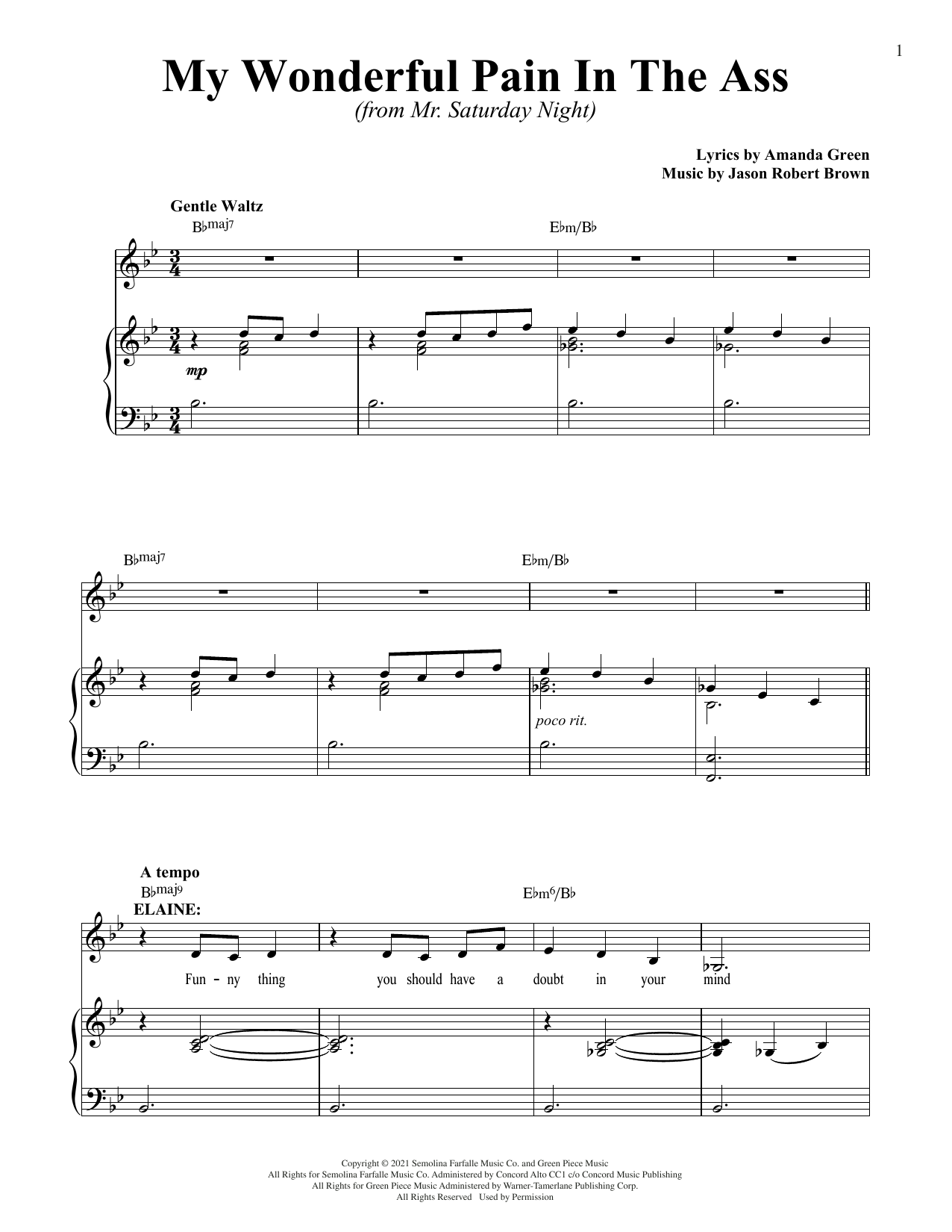 Jason Robert Brown and Amanda Green My Wonderful Pain In The Ass (from Mr. Saturday Night) sheet music notes and chords arranged for Piano & Vocal
