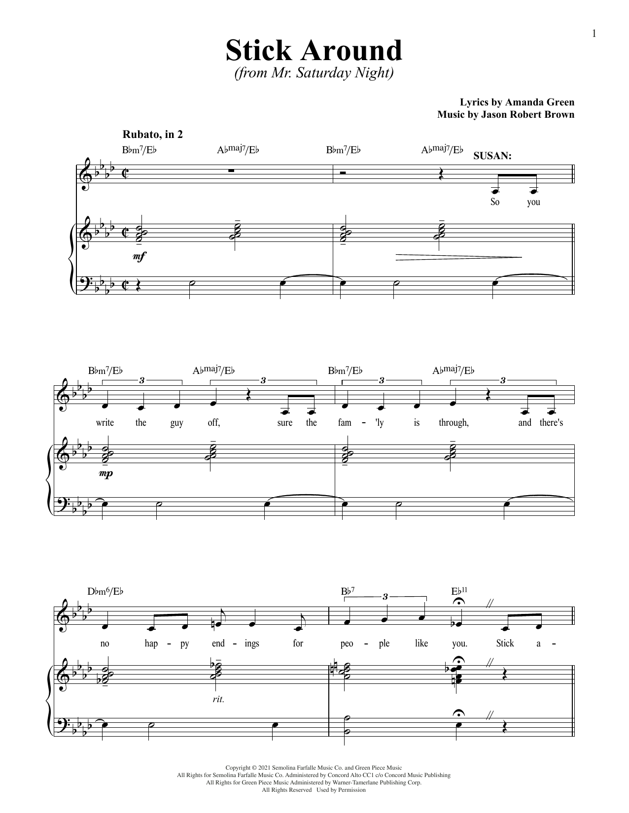 Jason Robert Brown and Amanda Green Stick Around (from Mr. Saturday Night) sheet music notes and chords arranged for Piano & Vocal