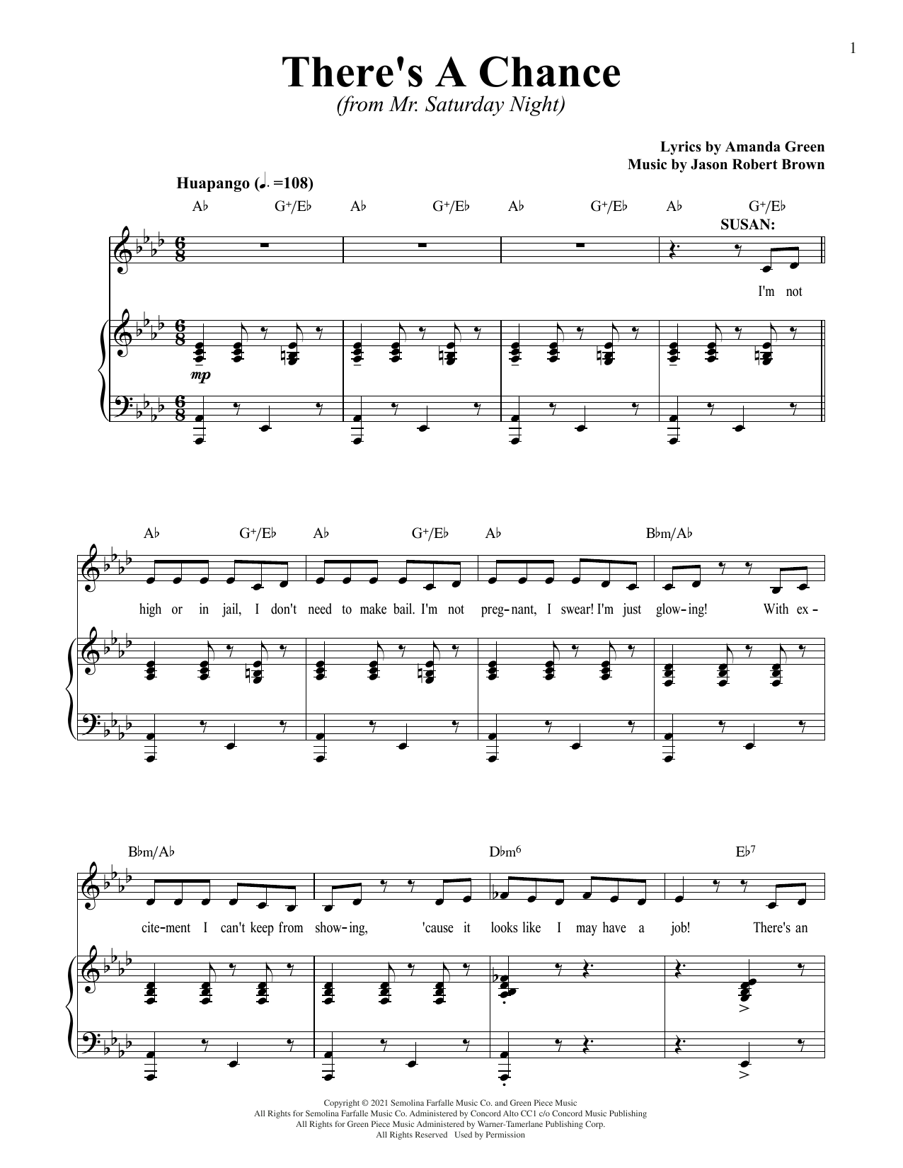 Jason Robert Brown and Amanda Green There's A Chance (from Mr. Saturday Night) sheet music notes and chords arranged for Piano & Vocal