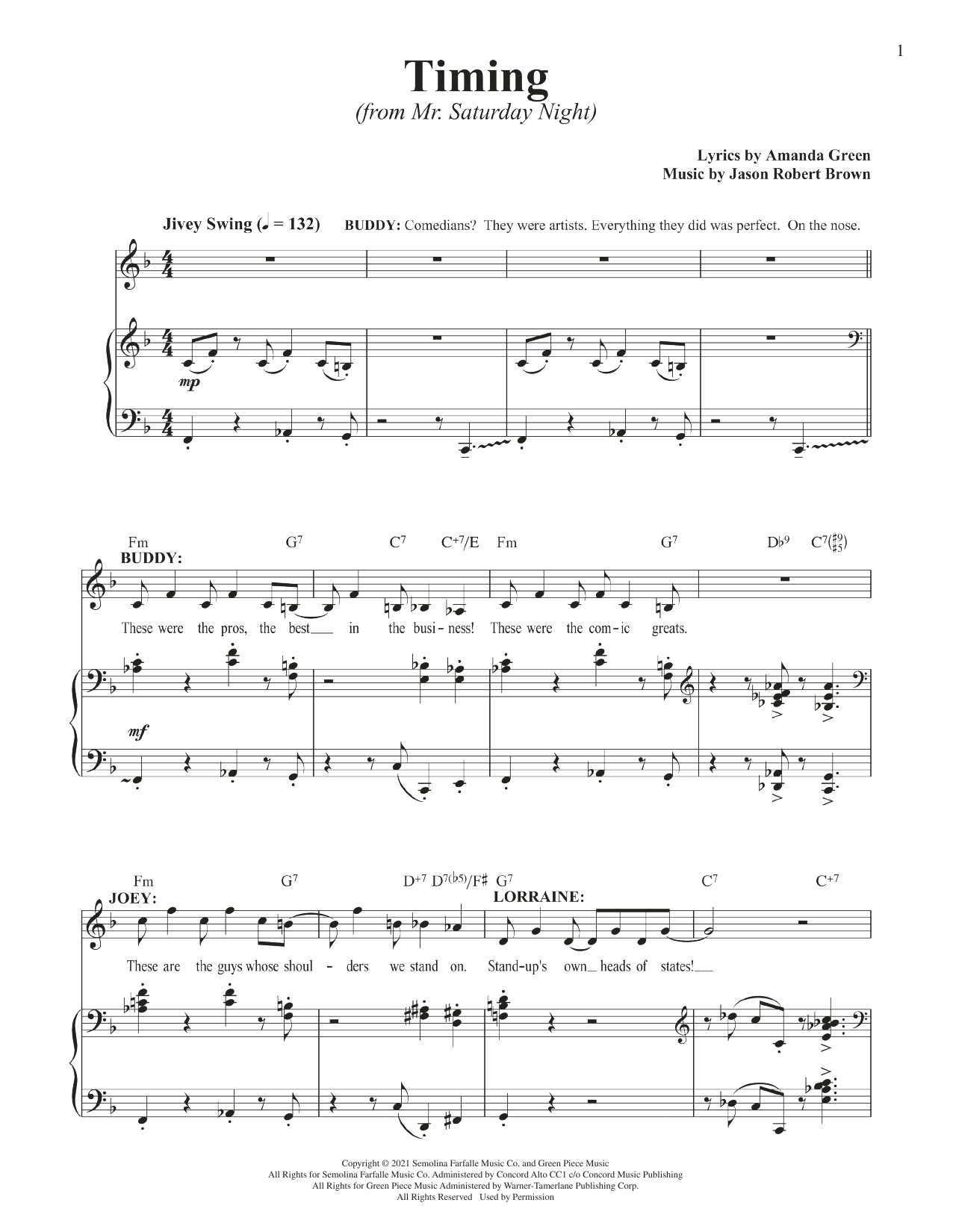 Jason Robert Brown and Amanda Green Timing (from Mr. Saturday Night) sheet music notes and chords arranged for Piano & Vocal