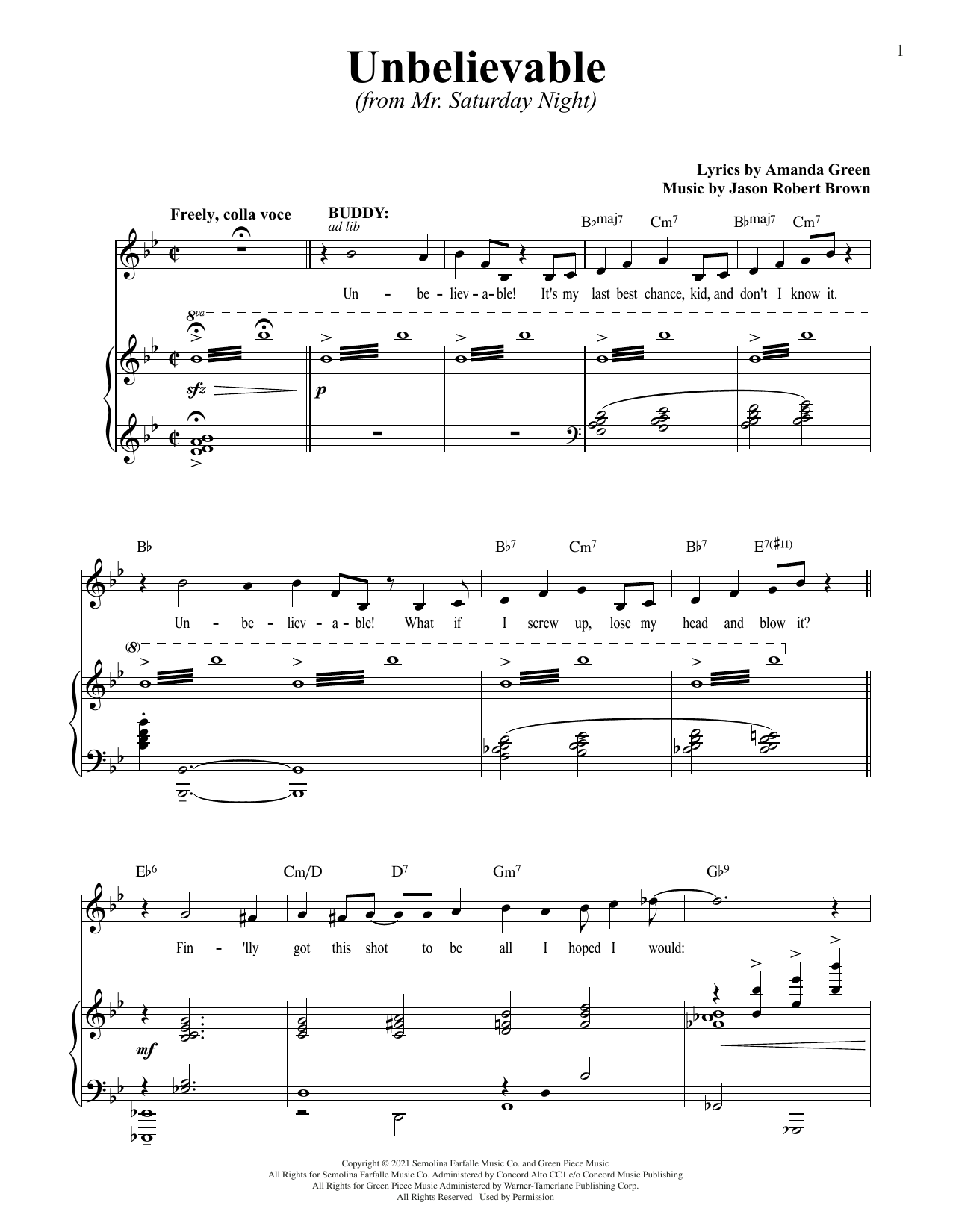Jason Robert Brown and Amanda Green Unbelievable (from Mr. Saturday Night) sheet music notes and chords arranged for Piano & Vocal