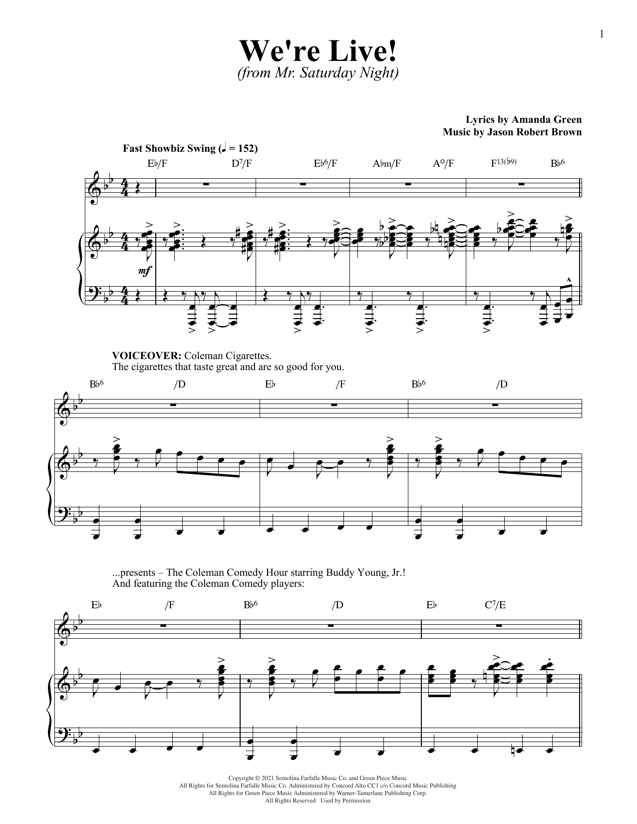 Jason Robert Brown and Amanda Green We're Live (from Mr. Saturday Night) sheet music notes and chords arranged for Piano & Vocal