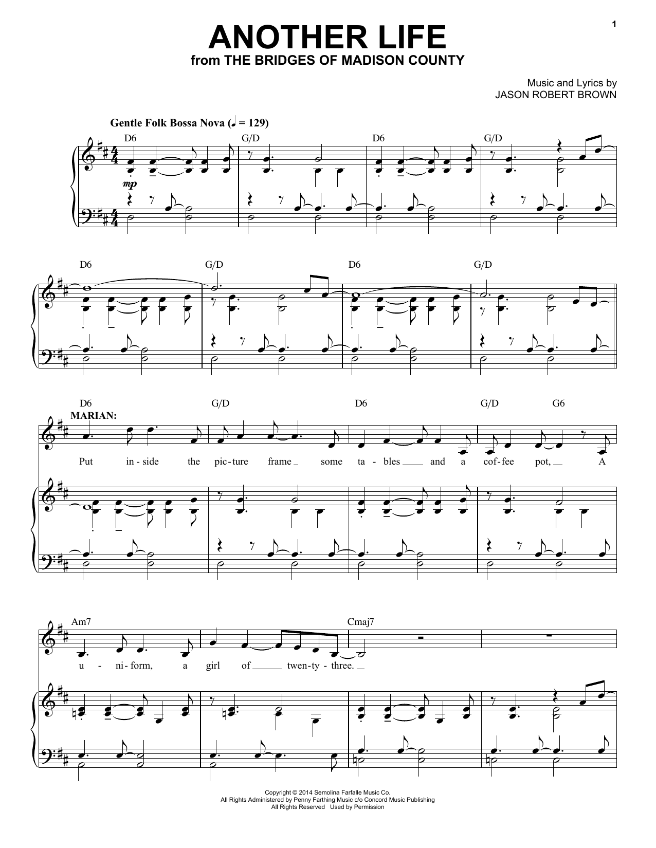Jason Robert Brown Another Life (from The Bridges of Madison County) sheet music notes and chords arranged for Piano & Vocal