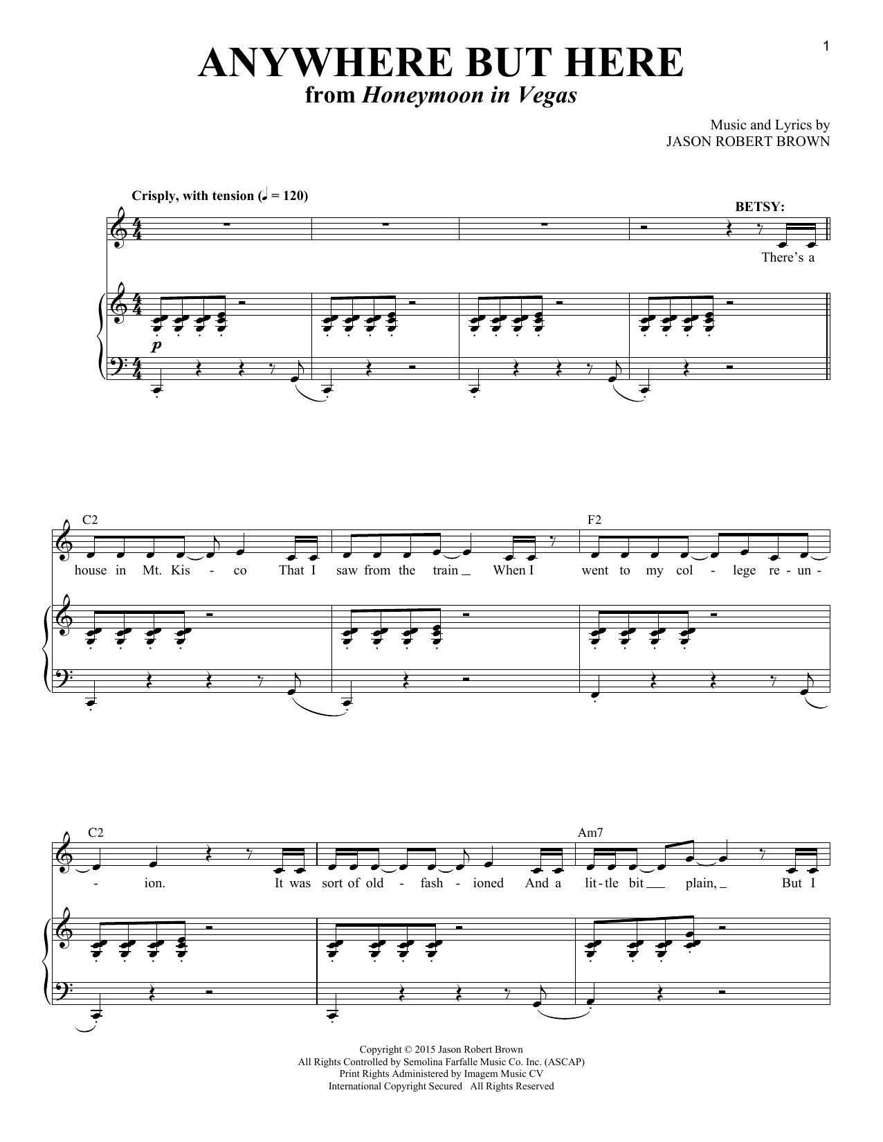 Jason Robert Brown Anywhere But Here (from Honeymoon in Vegas) sheet music notes and chords arranged for Piano & Vocal
